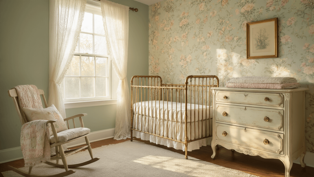 "Vintage nursery with golden sunlight, antique crib, floral wallpaper, lace curtains, and distressed oak dresser"