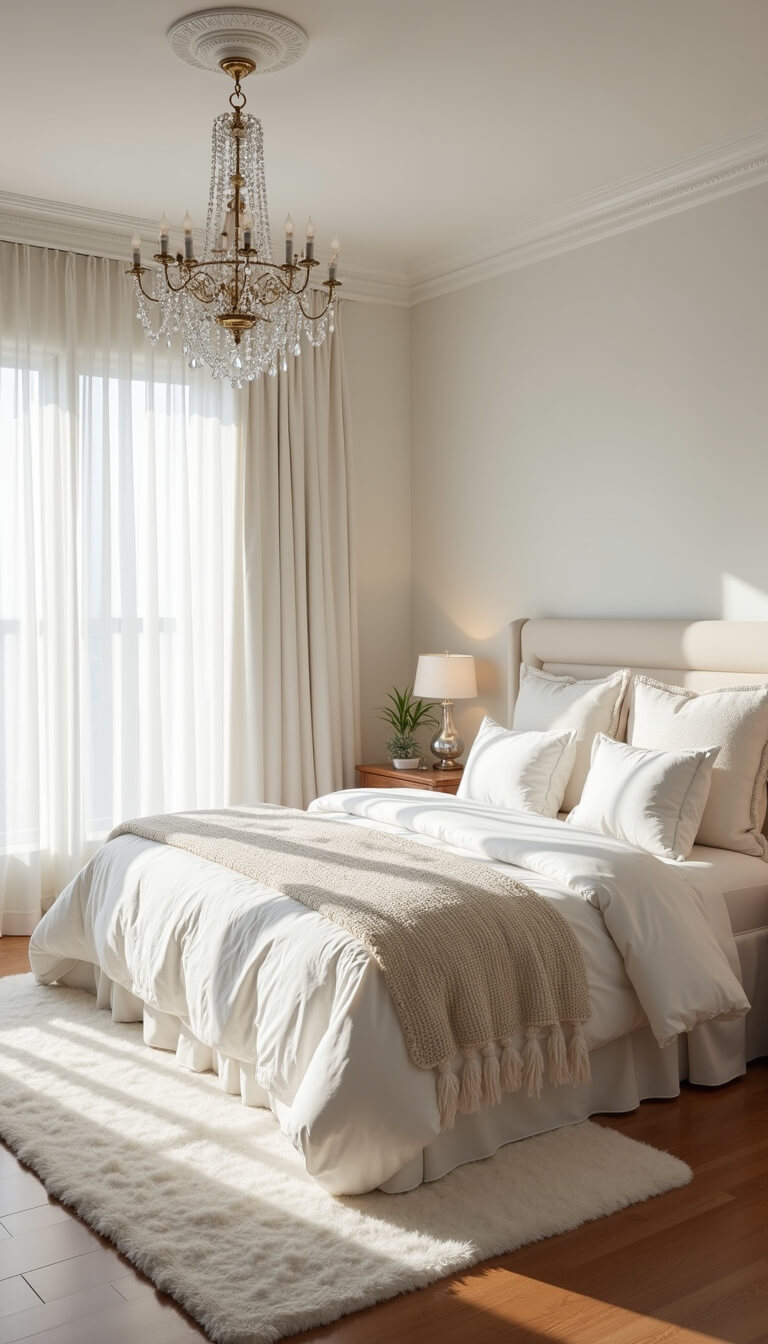 Serene ivory bedroom with cloud-like king bed, vintage chandelier, and soft morning light through sheer curtains.