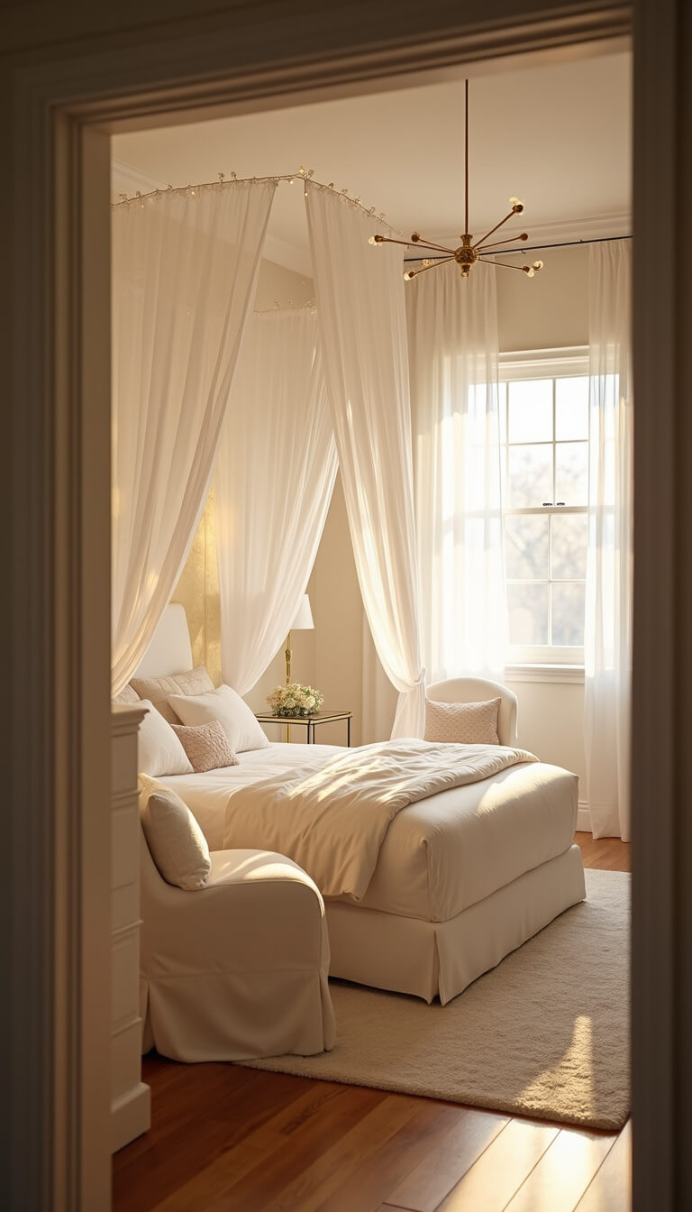 Golden hour light fills a cozy 12x14ft bedroom with a white tulle canopy bed, velvet chairs, mirrored nightstands, and glowing fairy lights.