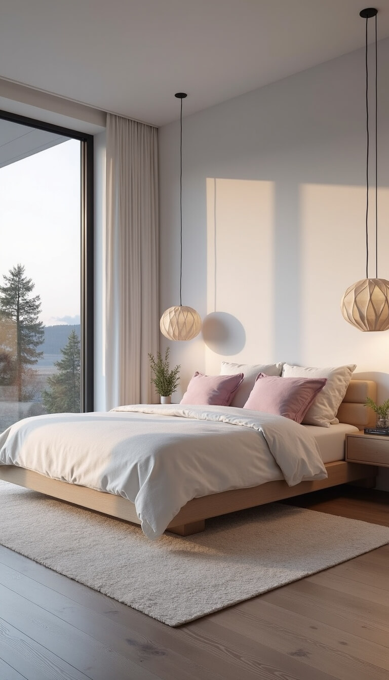 Minimalist 16x18ft bedroom at dusk with platform bed, floor-to-ceiling windows, white wool carpet, oak flooring, and soft pendant lighting.
