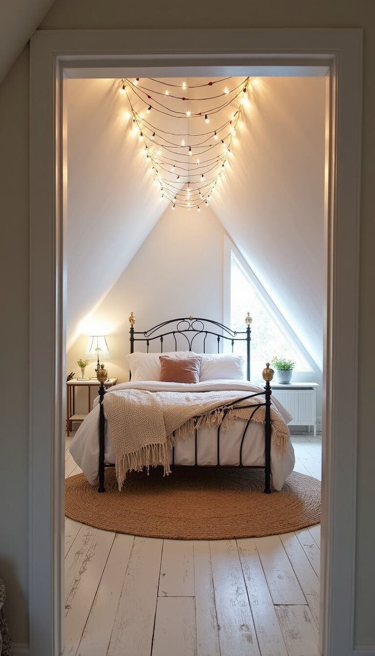Cozy attic bedroom with sloped white ceilings, antique white iron bed, vintage linens, distressed white floors, and warm string lights during blue hour.