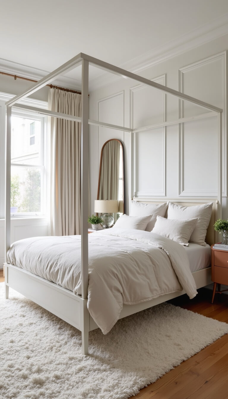 Contemporary 14x14ft bedroom with modern white four-poster bed, geometric panel molding, shag rug on bleached hardwood, rose gold accents, and floor-length mirrors in bright midday light.