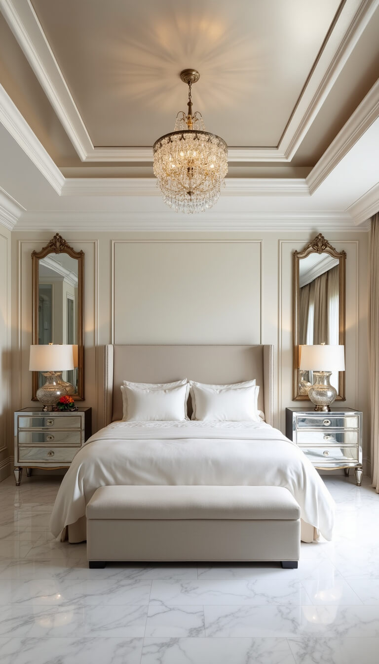 Luxurious 16x20ft master bedroom at sunrise with ivory upholstered bed, pearl tray ceiling, crystal chandelier, marble floors, and Venetian mirrors above lucite nightstands.