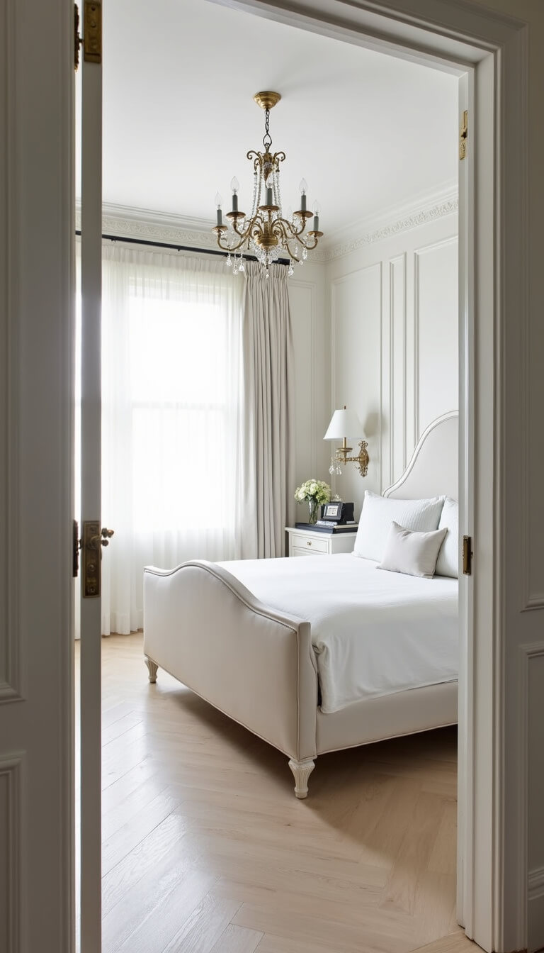 Elegant 15x17ft white bedroom at noon with velvet queen bed, vintage chandelier, crystal sconces, and herringbone wood floors, viewed through doorway.