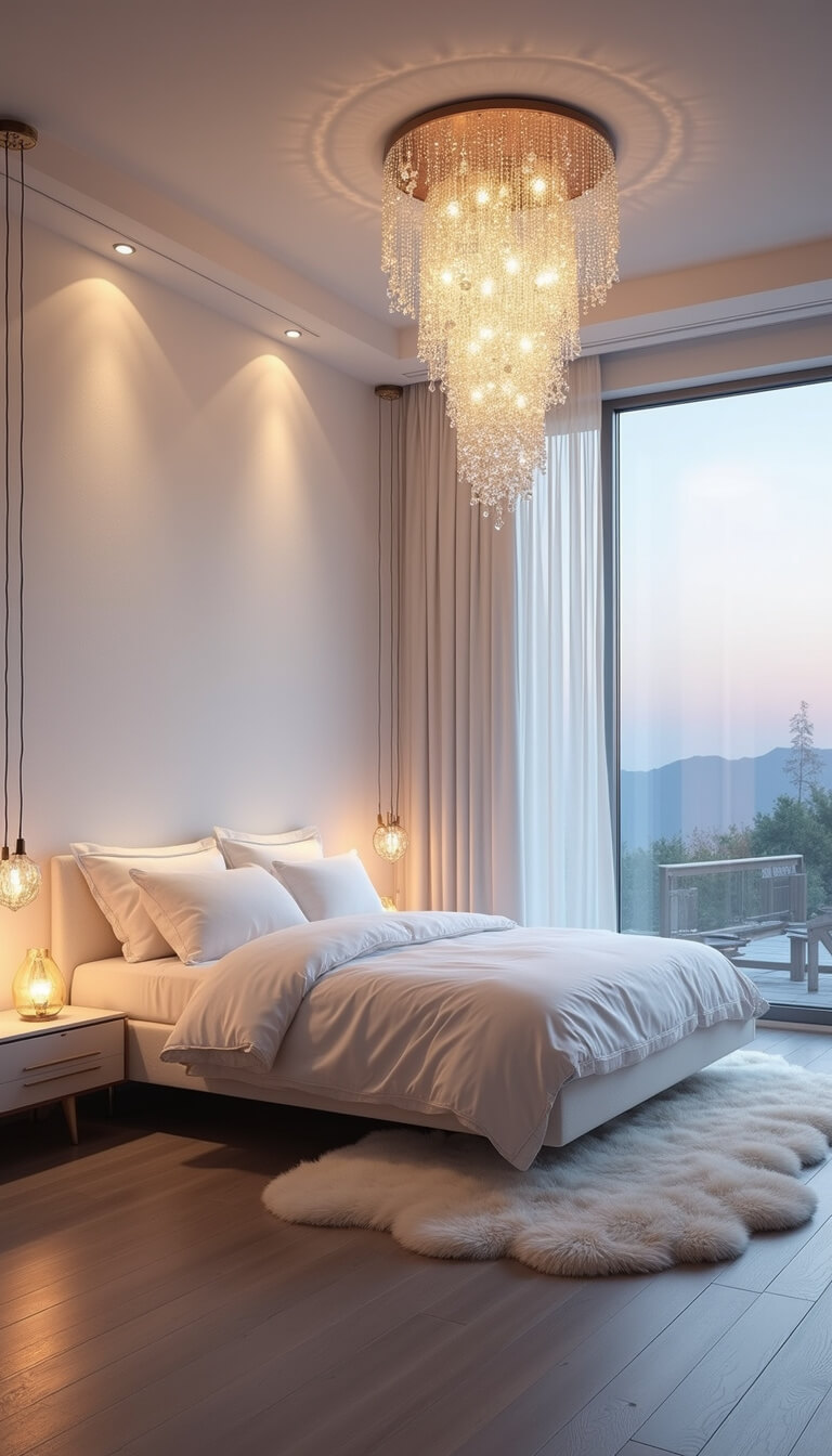 Dreamy 14x15ft bedroom at dusk with floating platform bed in white bedding, pearl white shimmering walls, cascading crystal pendant lights, and layered white sheepskin rugs.