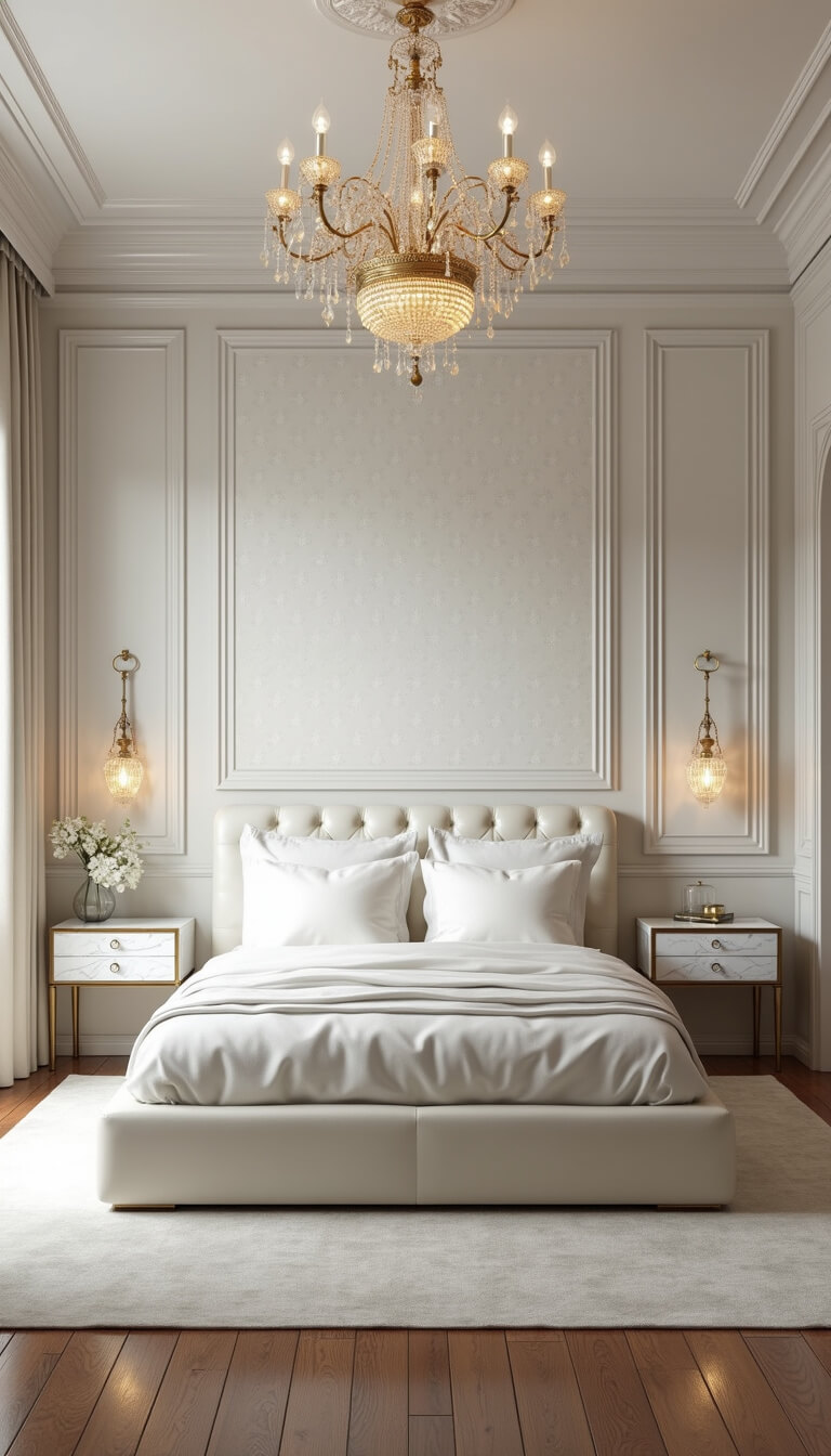 Art deco 16x16ft bedroom at dawn with white leather bed, damask walls, Venetian glass chandelier, and marble side tables with brass accents.