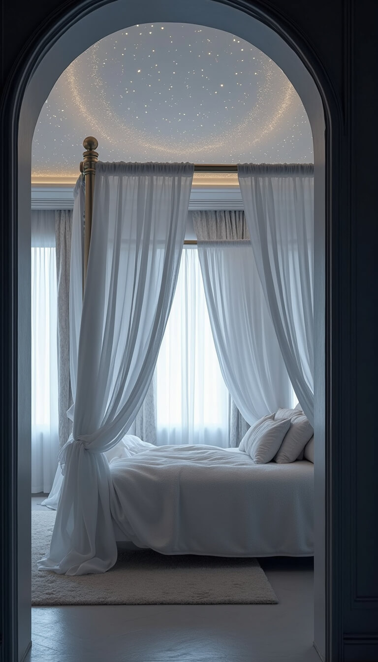 Mystical 13x14ft bedroom at midnight with four-poster bed, white chiffon drapes, moonlight-toned walls, star-like LED ceiling lights, and soft fur and velvet textures.