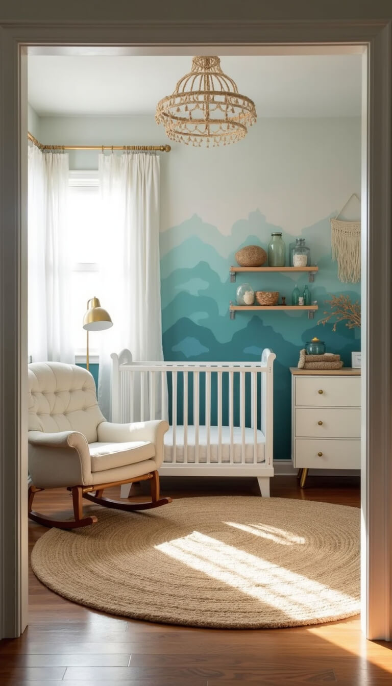 Wide-angle view of a tranquil 12x14ft nursery with a white crib under a blue wave mural, natural jute rug, oatmeal glider, brass floor lamp, and coastal-themed decor in soft morning light.