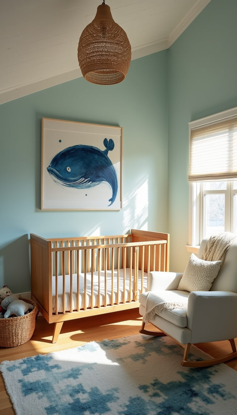 Low-angle view of airy nursery with vaulted ceiling, featuring indigo whale artwork above wood crib, rattan pendant lighting, sea-themed toys, and ocean-toned textiles in soft golden hour light.