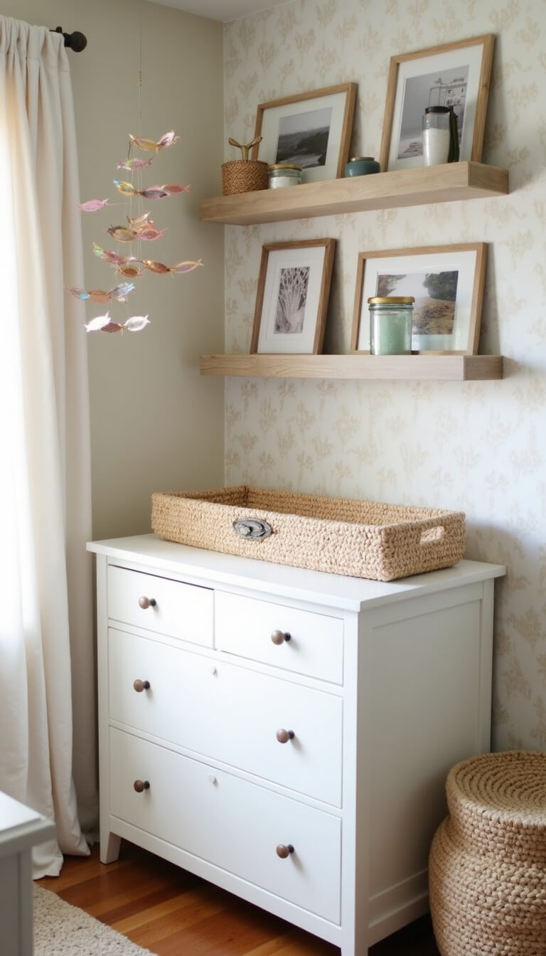 Nursery changing area with white dresser, woven basket, shell-print wallpaper, floating shelves, and soft natural light.