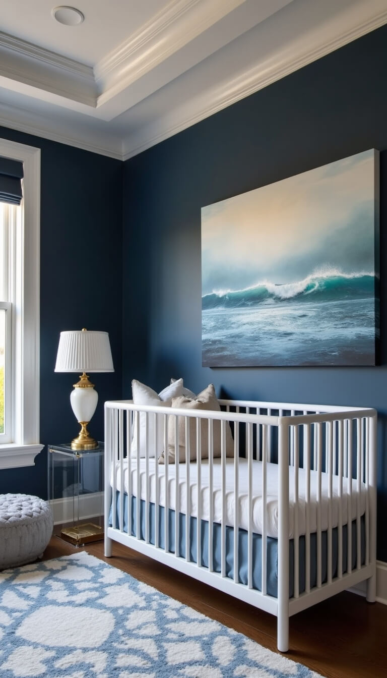 Dramatic dusk nursery with coffered white ceiling, deep blue statement wall, acrylic crib with neutral linens, ocean-inspired artwork, Lucite-brass side table, ceramic lamp, and wave-patterned rug in ambient golden hour lighting.