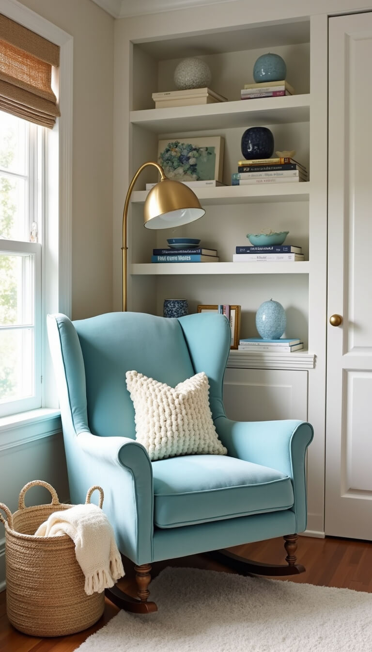 Close-up of cozy nursery reading nook with beach glass velvet rocker, brass floor lamp, maritime bookshelf, and cream knit blanket in handwoven basket.