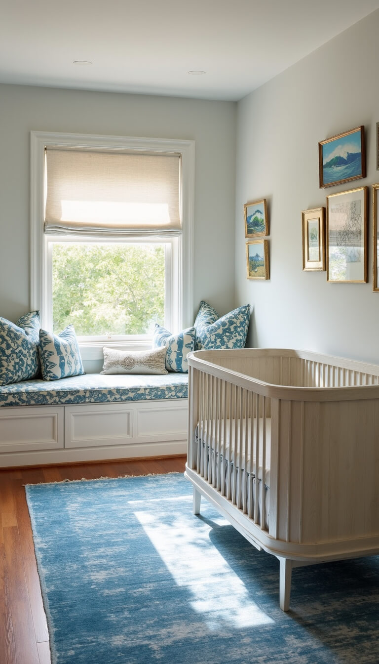 Wide shot of sunlit 13x16ft nursery with modern oval crib, window seat with fish-patterned cushion, oceanic blue rug, and gallery wall of coral and wave art.