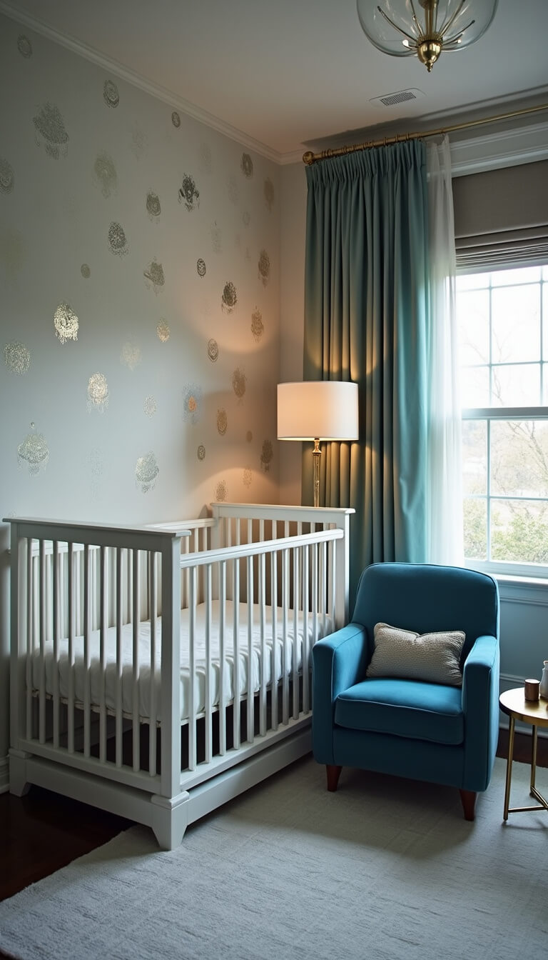 Low-angle view of cozy nursery with jellyfish wallpaper, white crib, acrylic mobile casting shadows, velvet glider, brass table, and layered seafoam curtains in moody lighting.