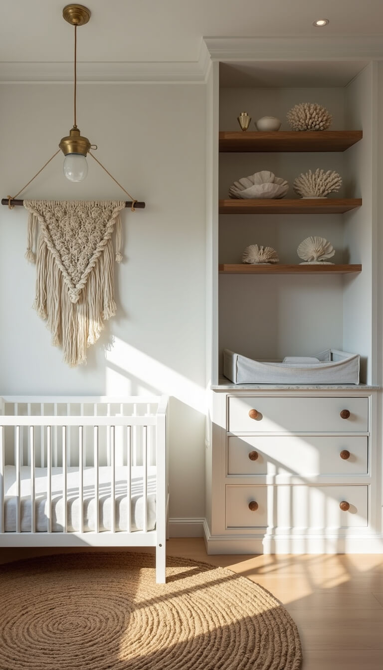 Minimalist 12x14ft nursery with modern white crib, jute rug, macramé wall hanging, built-in shelving with coral and metallic decor, brass pendant light, marble-topped changing station, and greige metallic walls.