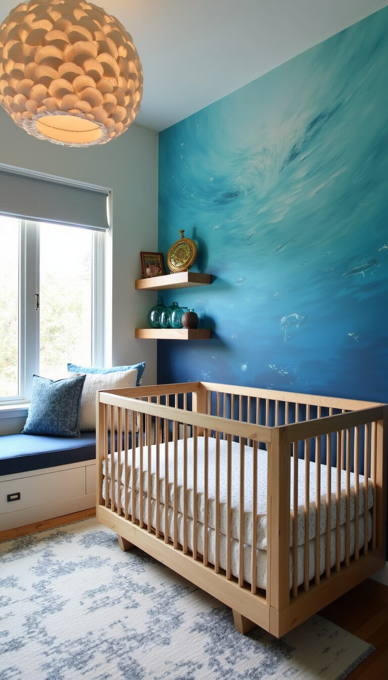 Underwater-themed nursery with watercolor mural, modern maple crib, capiz shell chandelier, deep ocean window seat, and vintage maritime decor.