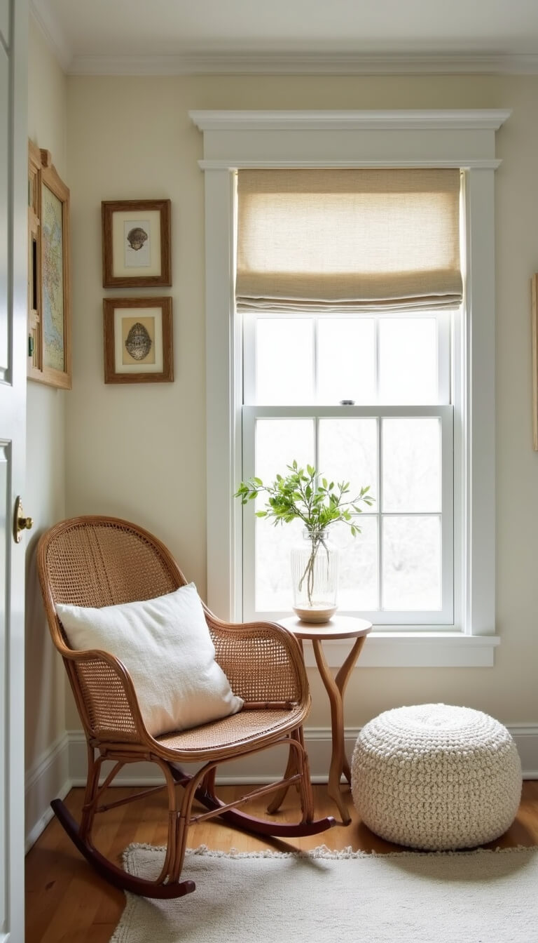 Cozy nursery feeding area with vintage rattan rocker, modern oak side table, gallery wall of antique maps and shells, cream wool pouf, and custom wave-pattern roman shade.