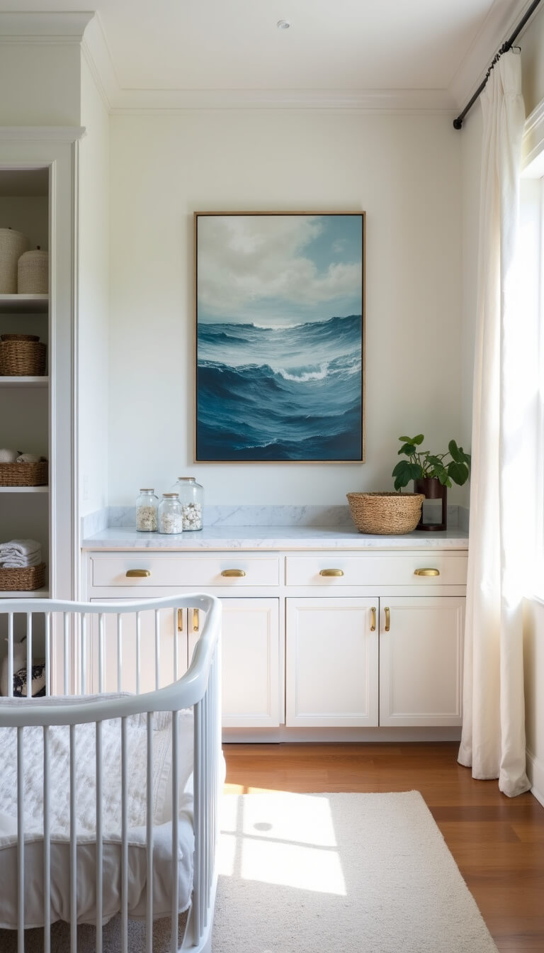 Bright nursery with built-in white storage, marble-topped changing station, abstract ocean artwork, and lucite crib in soft morning light.