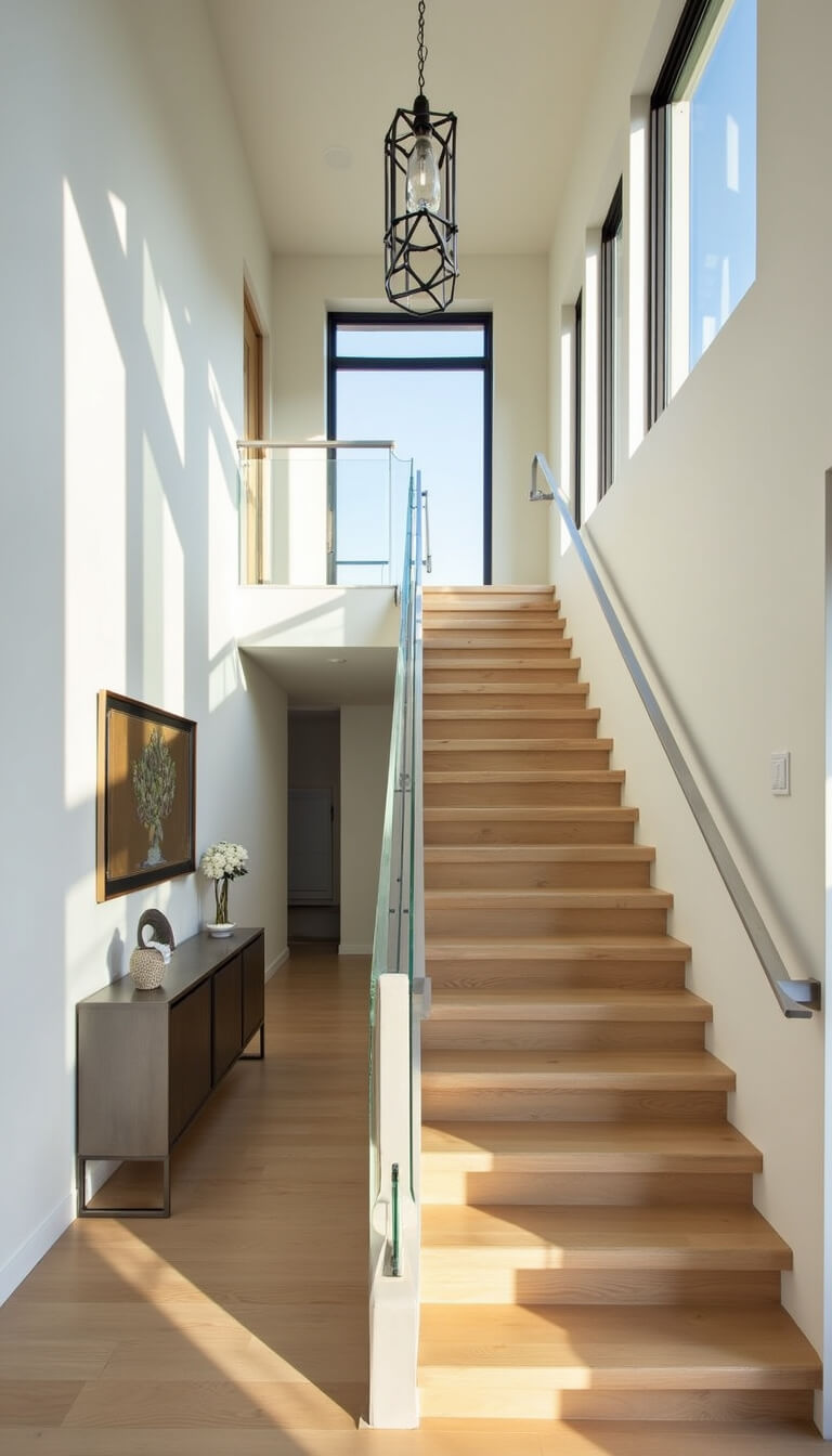 Modern minimalist 12-foot staircase entryway with floating glass railings, bleached oak treads, and geometric pendant light at golden hour.