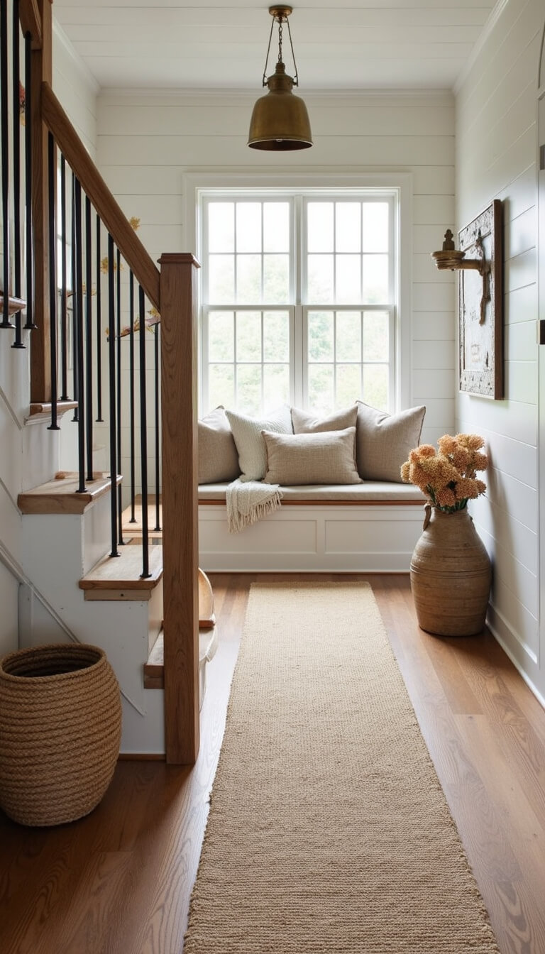 Cozy farmhouse entryway with reclaimed wood stairs, jute runner, shiplap walls, window seat, woven cushions, and vintage decor accents.