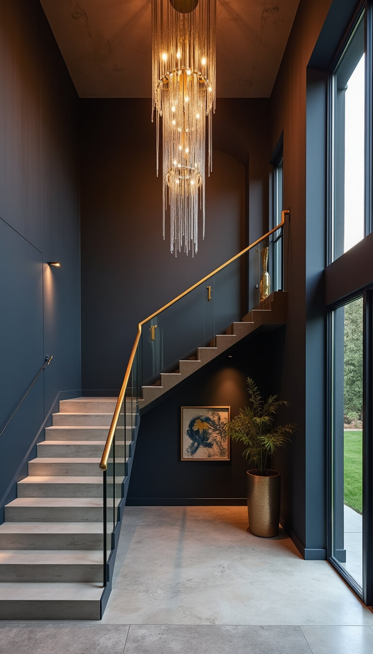 Dramatic navy foyer at dusk with floating concrete staircase, glass panels, brass handrails, cascading chandelier, abstract art, and metallic accents.