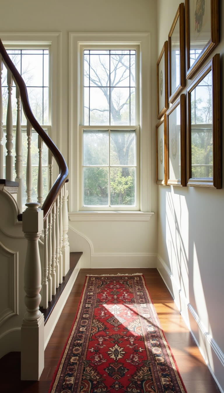 Victorian staircase landing with white balusters, dark wood treads, Persian runner, gallery wall of mirrors and prints, and morning light through leaded glass windows.