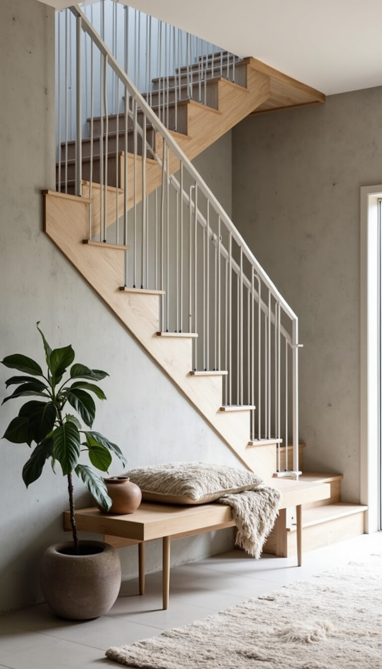 Scandinavian-style entryway with pale wood stairs, white metal railings, concrete walls, and natural light highlighting organic textures and handmade decor.
