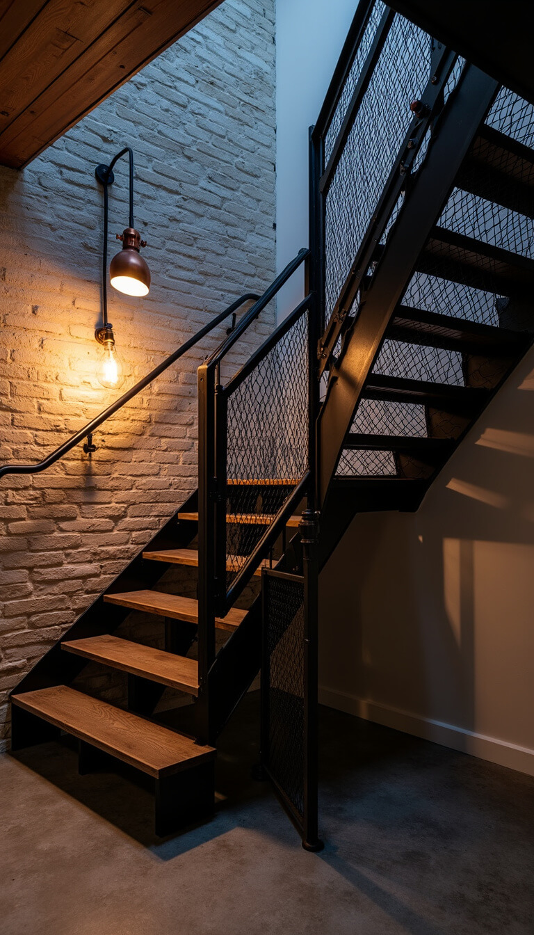 Industrial-chic staircase with black steel and mesh design against exposed brick walls, lit by warm copper pendant lights during blue hour.