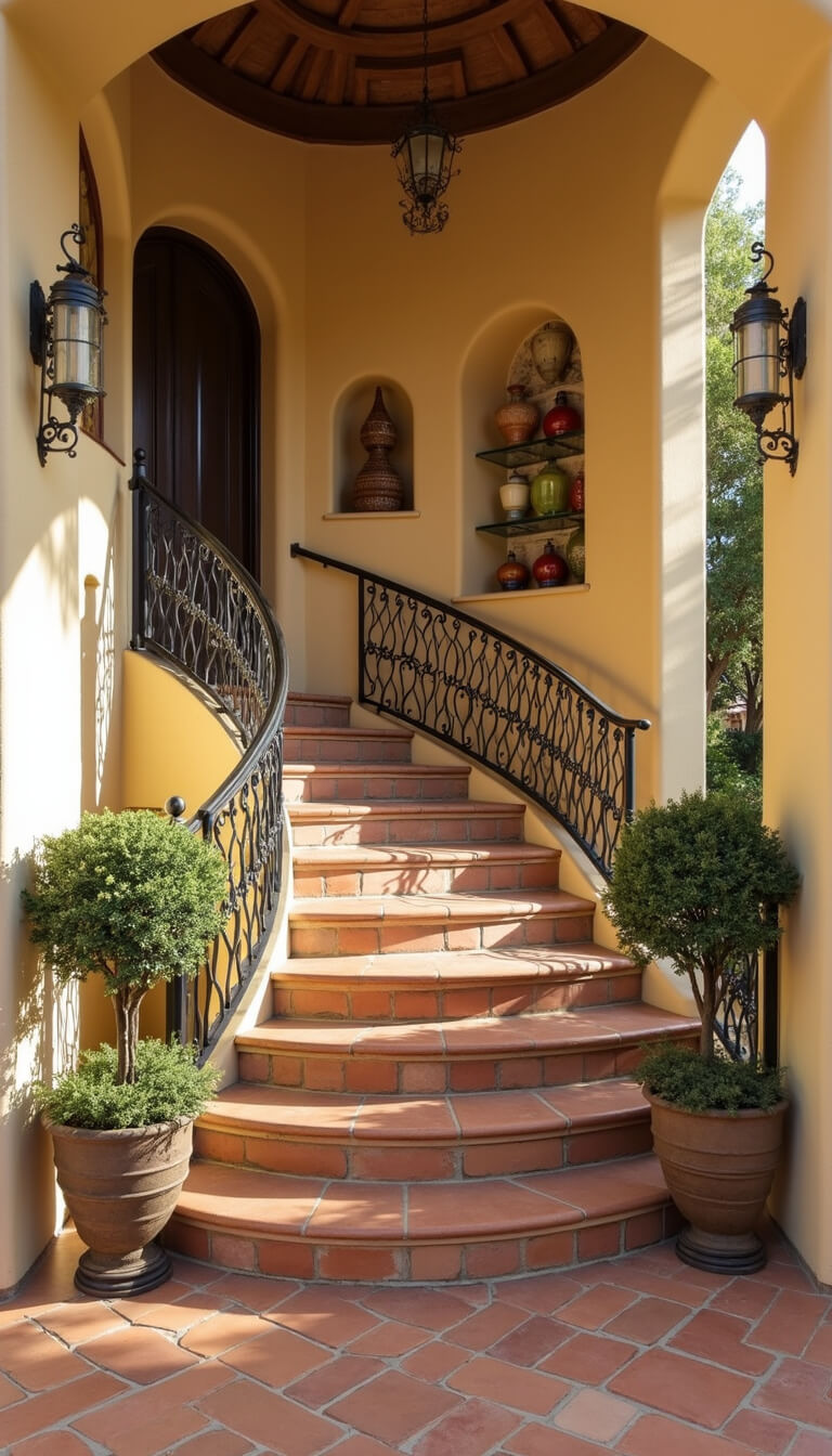 Mediterranean-style entrance hall with terracotta tile stairs, hand-painted risers, wrought iron railings, arched niches displaying ceramics, and warm afternoon lighting.