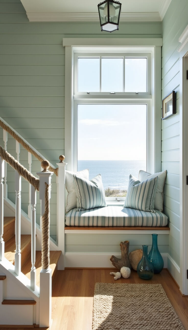 Coastal modern foyer at sunrise with white oak stairs, rope-wrapped handrails, seafoam shiplap walls, natural fiber runner, and built-in ocean-facing window seat with striped cushions, styled with shells, driftwood, and blue glass vessels.