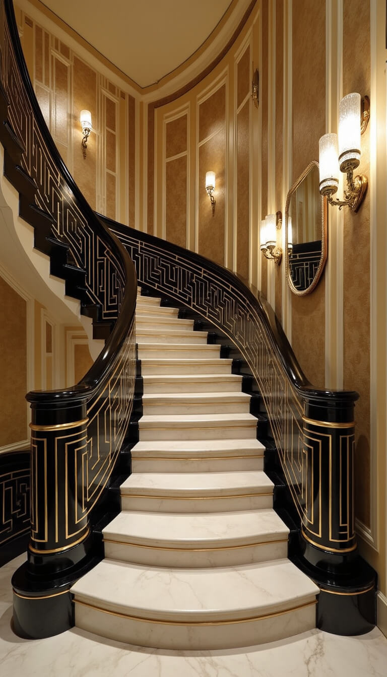 Art Deco entryway at twilight with marble stairs, brass inlays, geometric black railings, and gold vintage wallpaper, viewed from above.