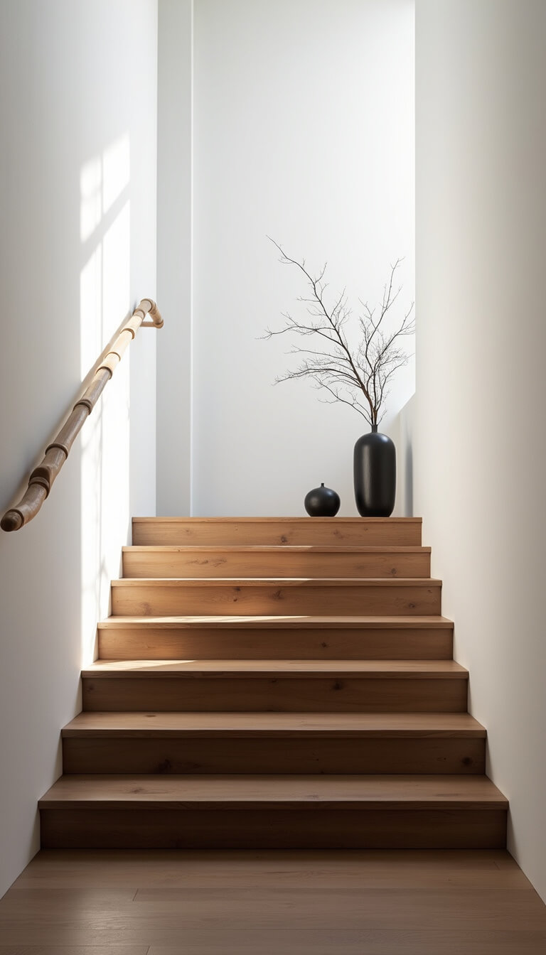 Japanese minimalist stairway with floating dark oak treads, bamboo handrails, white walls, and morning light casting soft shadows; features an ikebana arrangement and black stone sculpture.