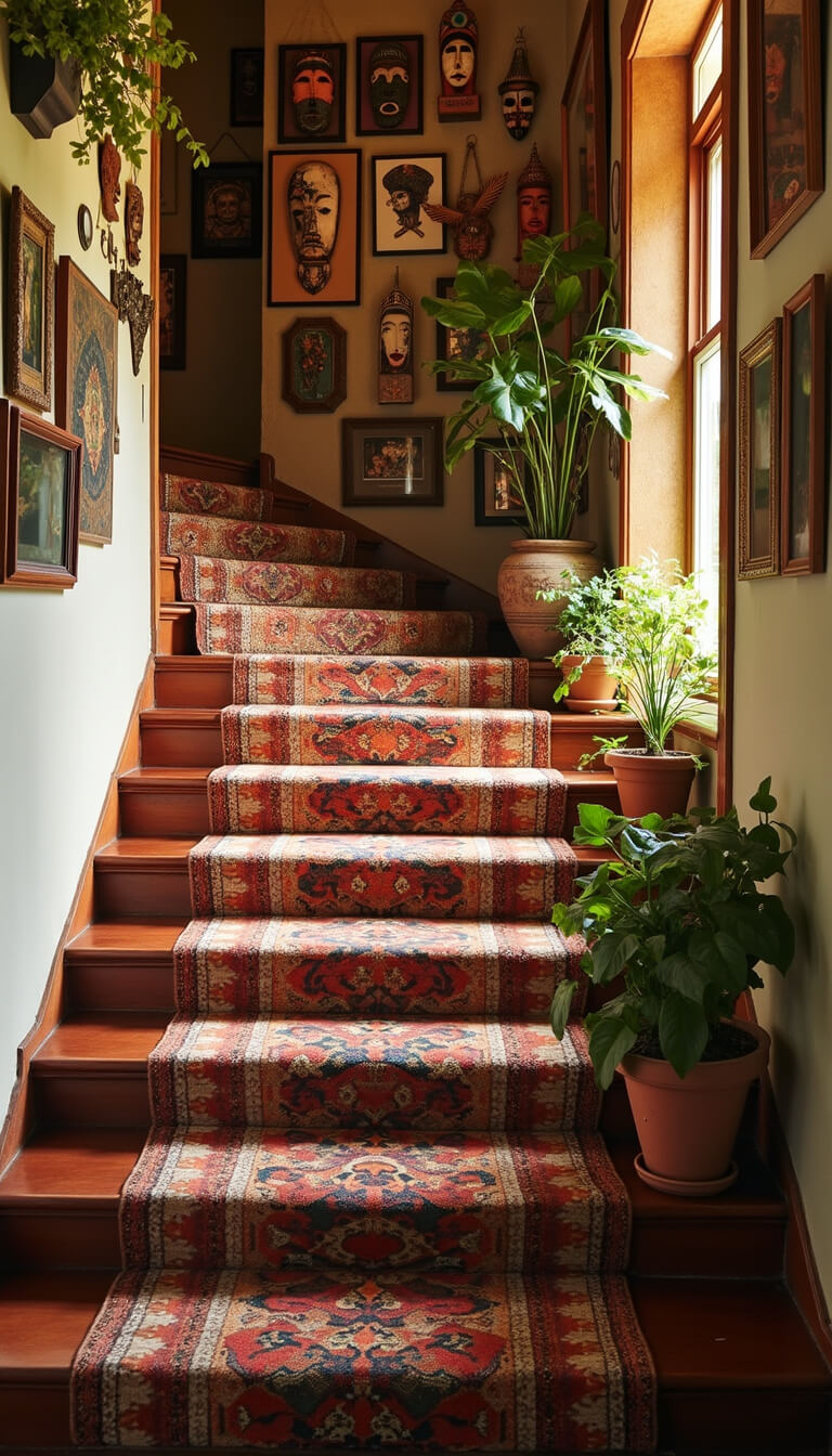 Bohemian eclectic landing with vintage Turkish runners on Victorian stairs, global gallery wall of mirrors, masks, and tapestries, warm golden hour lighting, hanging plants, and collected artifacts.