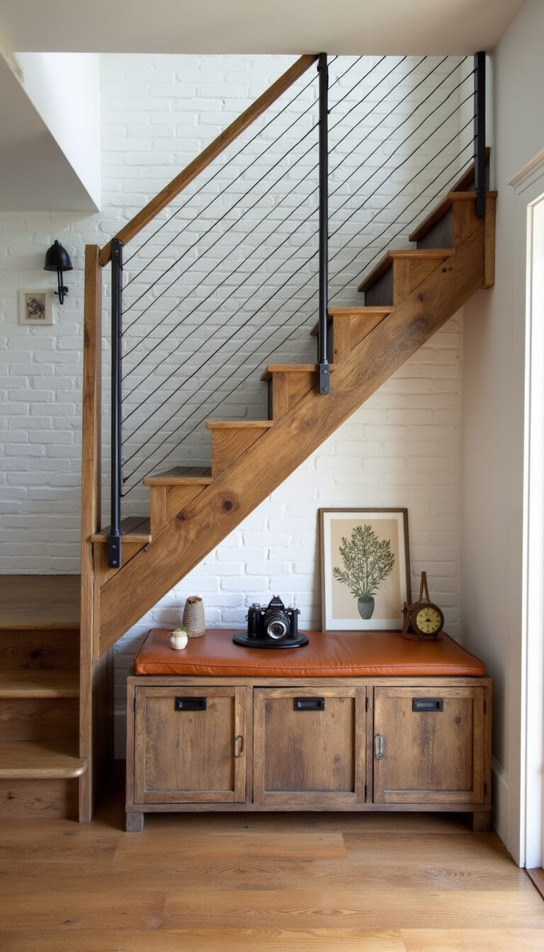 Modern rustic entryway with reclaimed wood stairs, steel railings, white brick wall, and a custom bench with leather cushions, styled with vintage cameras and botanical prints in natural light.