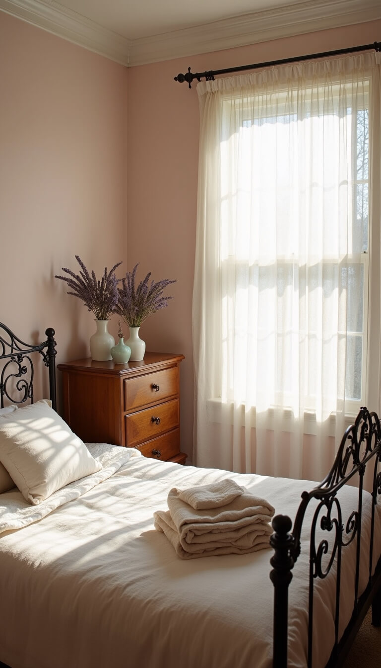 Cozy corner bedroom nook at dawn with wrought iron bed, blush walls, antique walnut dresser, lace curtains, and dreamy soft lighting.