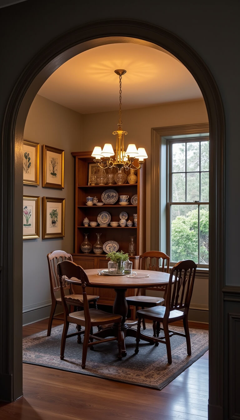Cozy dining area at dusk with round oak table, mismatched vintage chairs, brass chandelier, botanical gallery wall, and hutch displaying blue and white china.