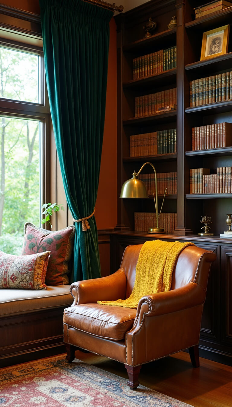 Cozy reading nook with leather armchair, brass lamp, built-in bookshelves filled with vintage books and decor, mustard throw, and velvet-curtained window seat in warm lighting.
