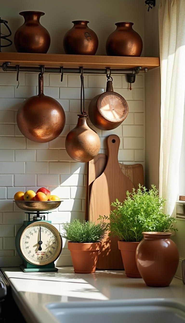 Warm kitchen vignette with aged copper pots, earthenware crocks, wooden cutting boards, fresh herbs in terracotta pots, vintage scale with fruit, and morning light filtering through café curtains.