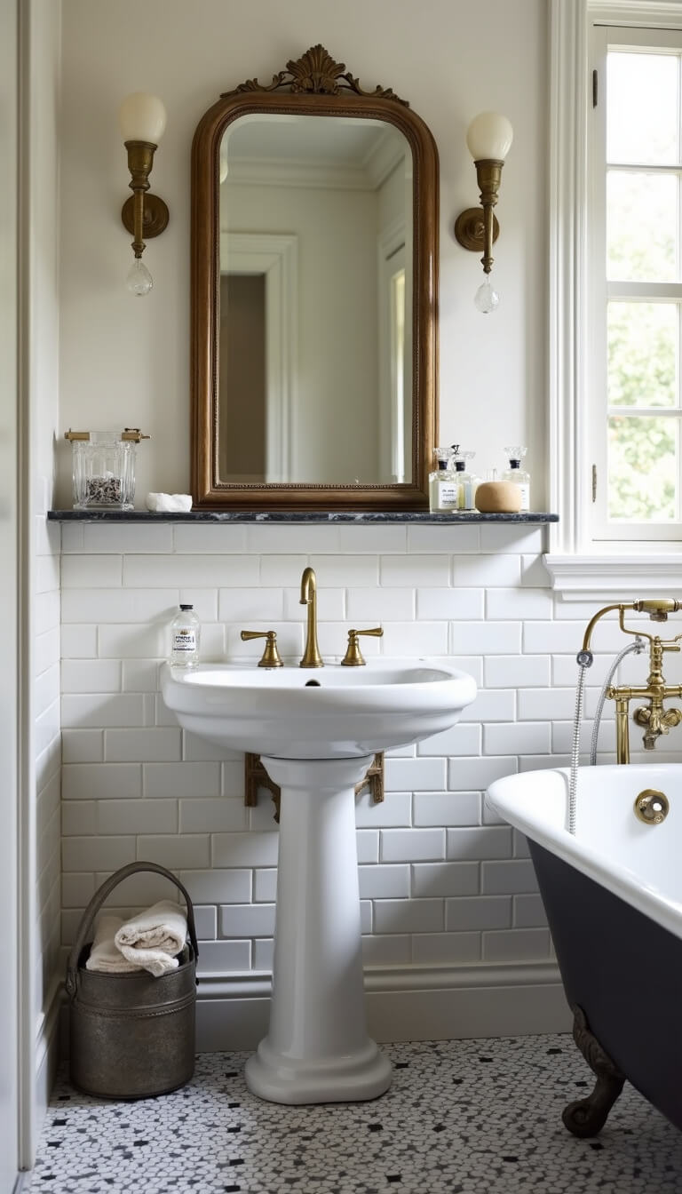 Elegant vintage bathroom with clawfoot tub, brass fixtures, pedestal sink under antique beveled mirror, white subway tile walls, black and white hex tile floor, marble shelf with crystal perfume bottles and silver brushes, and vintage Turkish towels in soft natural light.