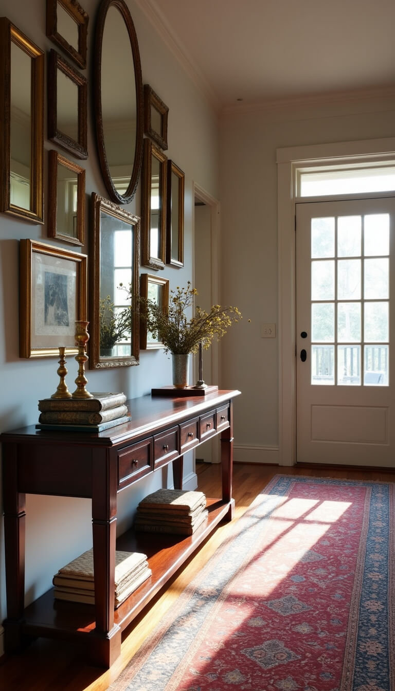 Low-angle view of a narrow entry hallway with high ceilings, vintage gold-framed mirrors on the wall, a dark mahogany console table with brass candlesticks, old books, dried roses in mercury glass, and an antique red and blue runner.