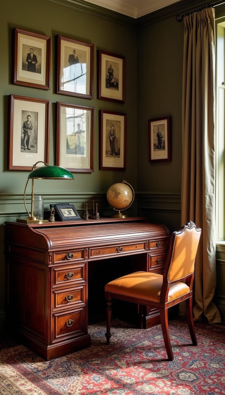 Home office corner with cherry wood roll-top desk, green banker's lamp, vintage globe, leather accessories, sepia photo gallery wall, and Persian rug in warm afternoon light.