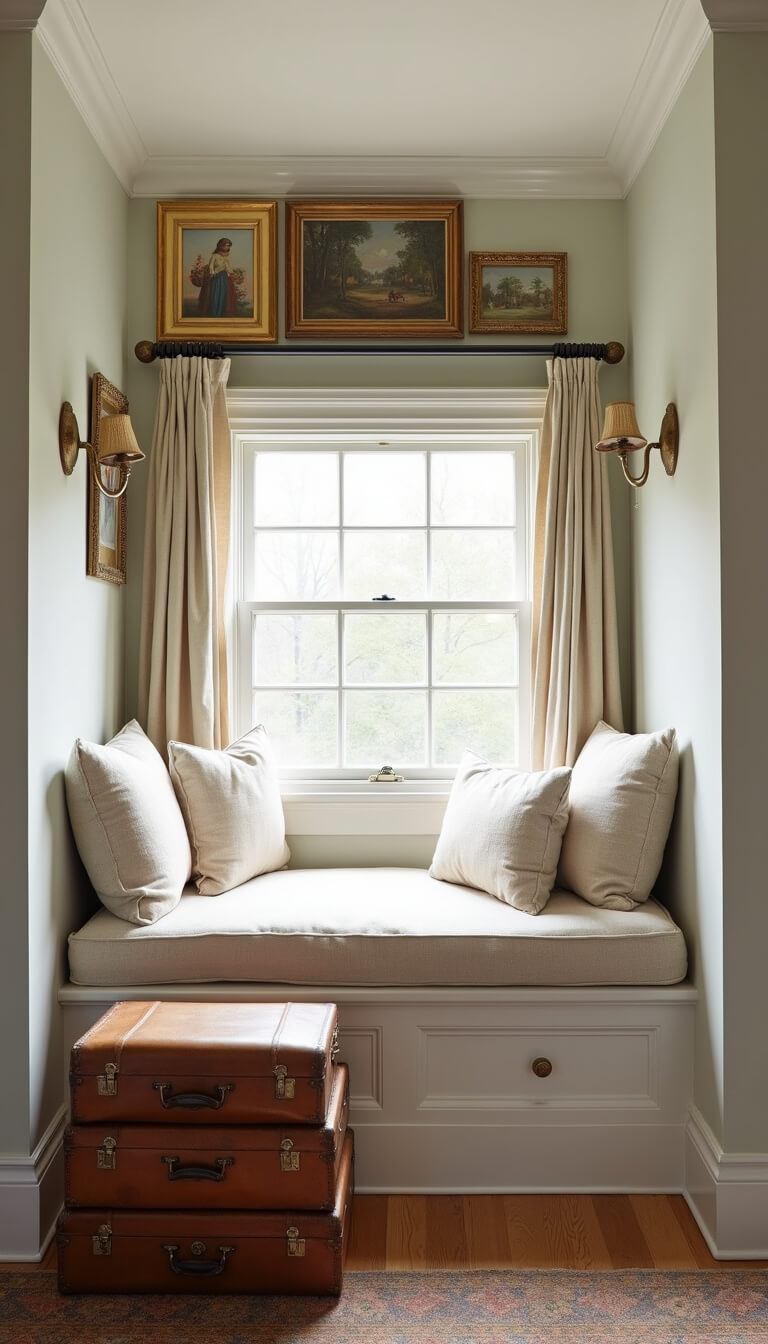 Cozy window seat nook with built-in bench, vintage grain sack cushions, antique leather suitcases as side table, brass sconces, vintage oil paintings above, and linen curtains filtering soft afternoon light.