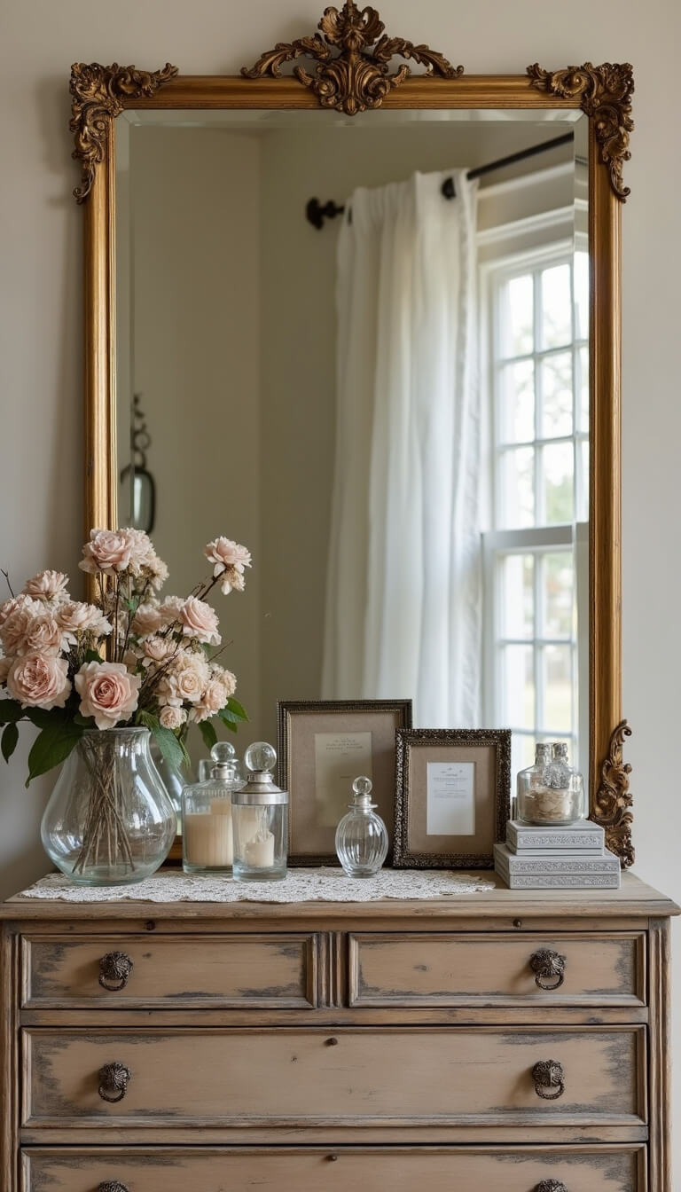 Bedroom dresser with large gilt mirror, vintage perfume bottles, silver frames, and dried roses in early morning light.