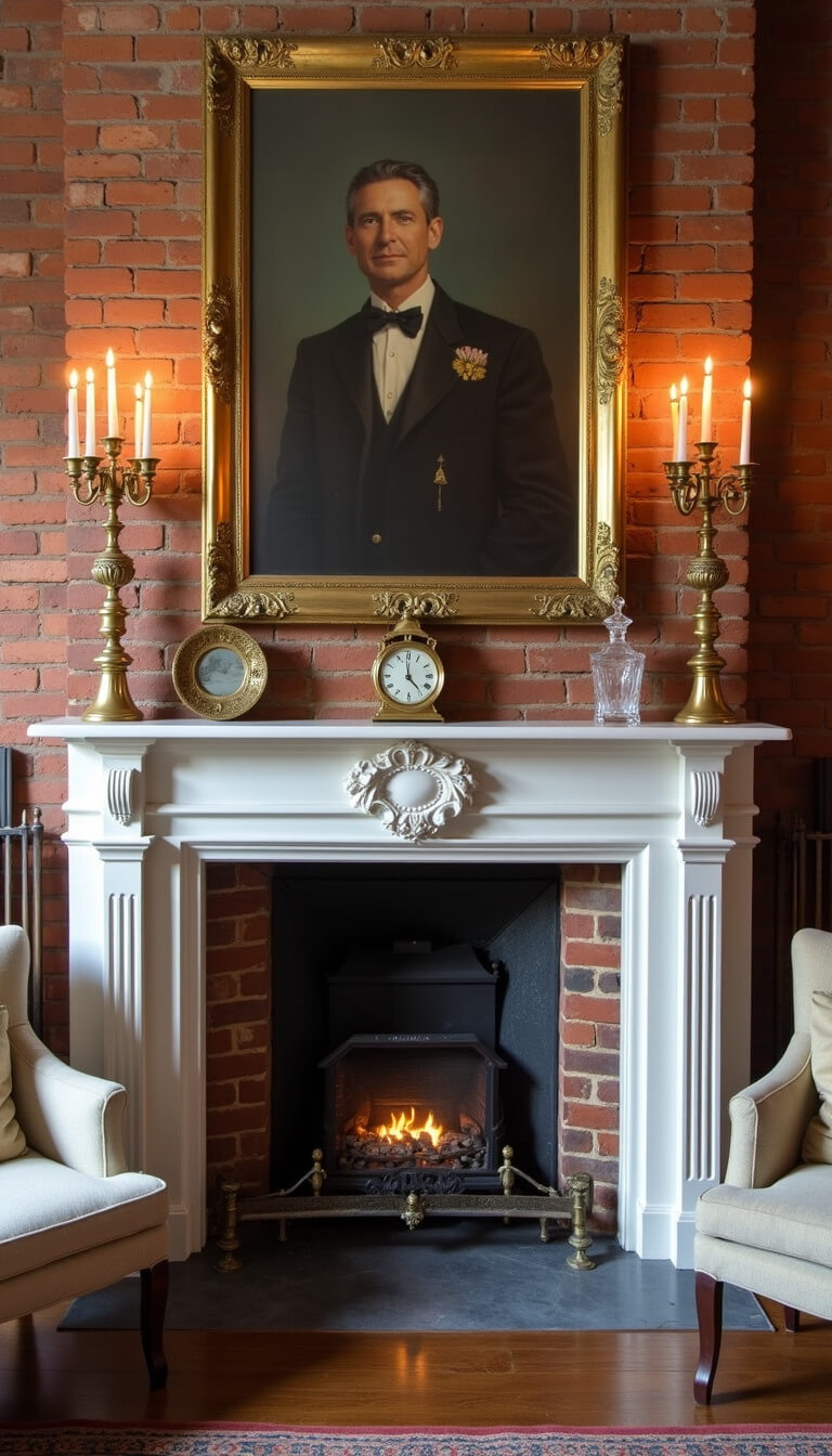 White-painted brick fireplace with ornate Victorian mantel, brass candlesticks, vintage clock, and asymmetrical gold-framed art; flanked by faded velvet chairs and a crystal decanter reflecting warm evening and candlelight.