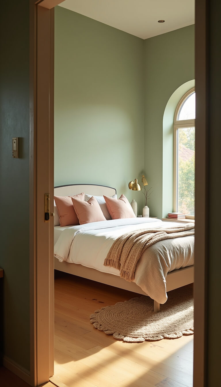 Sunlit sage green bedroom with modern platform bed, white linens, peach accents, and warm light streaming through arched window onto oak floors.