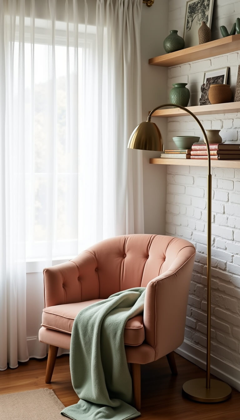 Cozy reading nook with peach velvet chair, sage throw, brass floor lamp, and floating shelves against white brick wall, bathed in natural light.