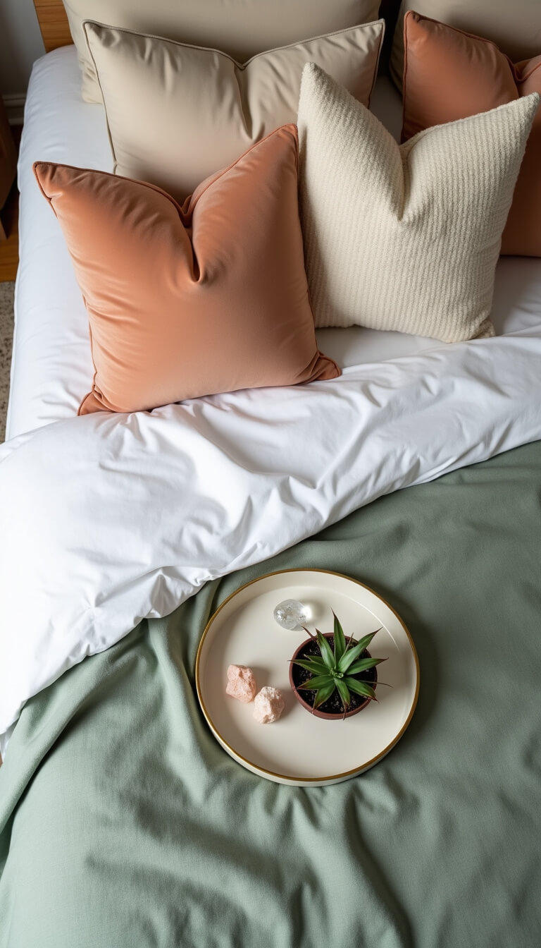 Overhead view of a neatly styled bed with white sheets, sage green duvet, peach and cream pillows, and a gold-rimmed tray holding crystals and a succulent.