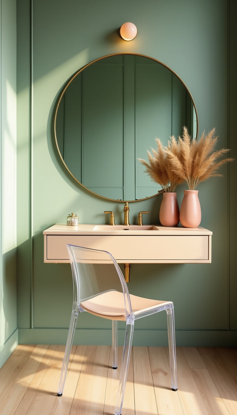 Minimalist vanity with ghost chair, brass accents, peach vases, and pampas grass against sage green paneled wall with Art Deco mirror.