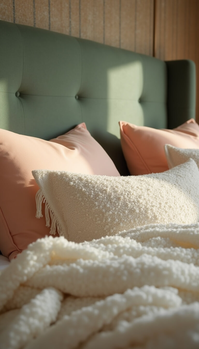 Macro shot of sage green velvet headboard, peach silk pillows, and cream bouclé throw against grasscloth wallpaper in morning light.