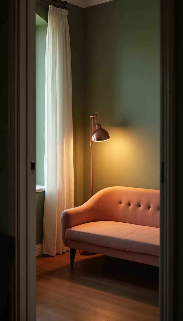 Twilight bedroom with sage green walls, warm copper lamp lighting a peach bench, and sheer white curtains fluttering in the breeze.